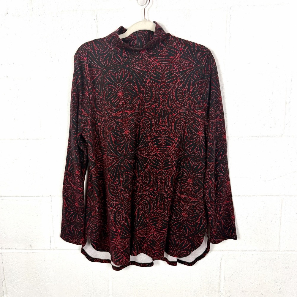 Chico's Mockneck Tunic Size L Red Black Floral Maximalist Artsy Eclectic Soft